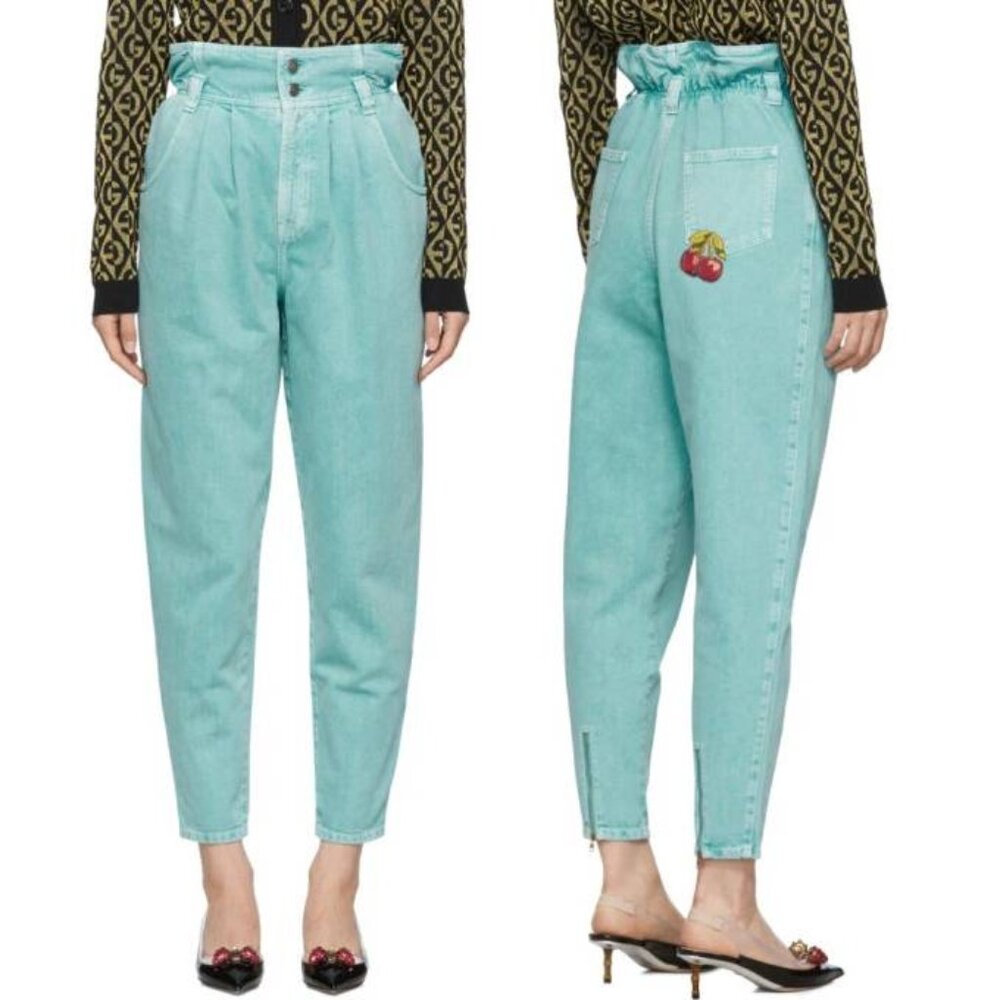 Gucci PF/19 Blue Embroidered Cherry Tapered Paperbag-Waist Jeans